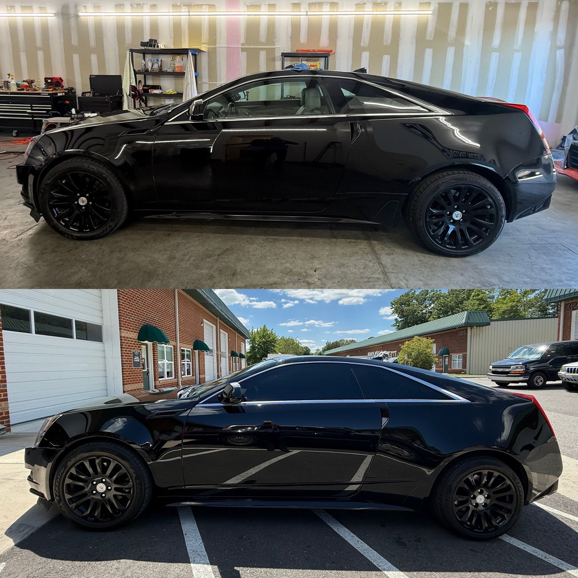 Black sports coupe shown in side view, indoors above and outdoors below, on black wheels.