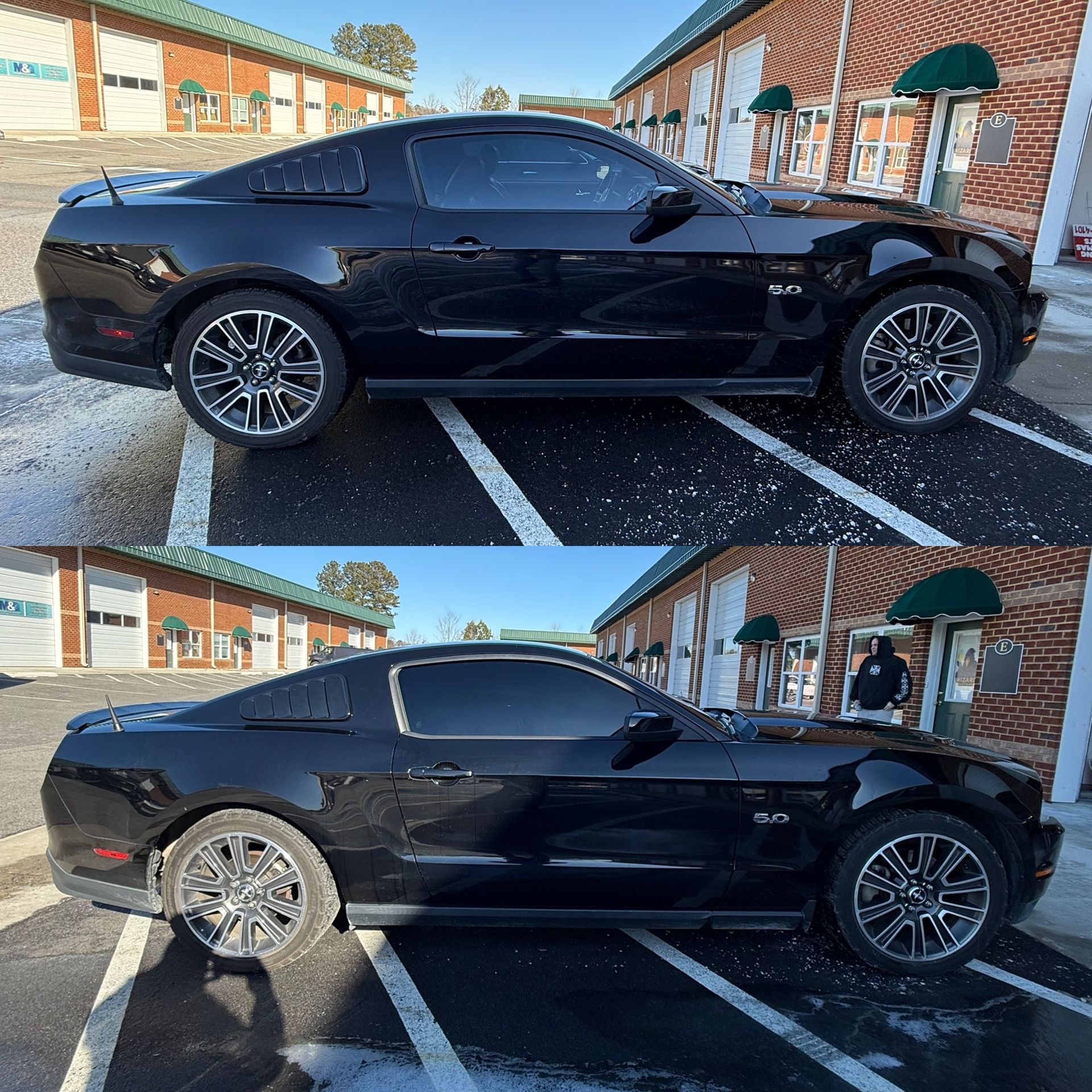 Black sports coupe in a parking lot, shown in two side-profile views, one with dark wheels and one with chrome wheels