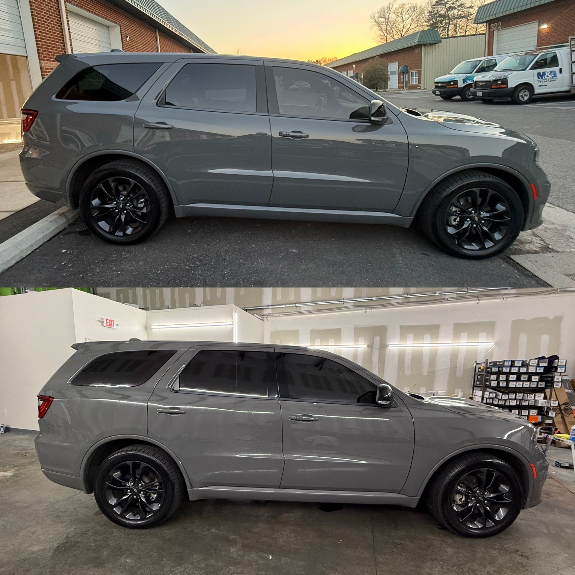 Gray SUV in two side-view photos, parked outdoors at sunset and in a garage with black wheels.