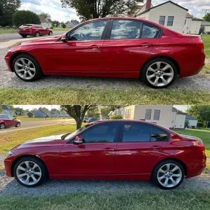 Red sedan parked on gravel, shown in side view from two similar angles.