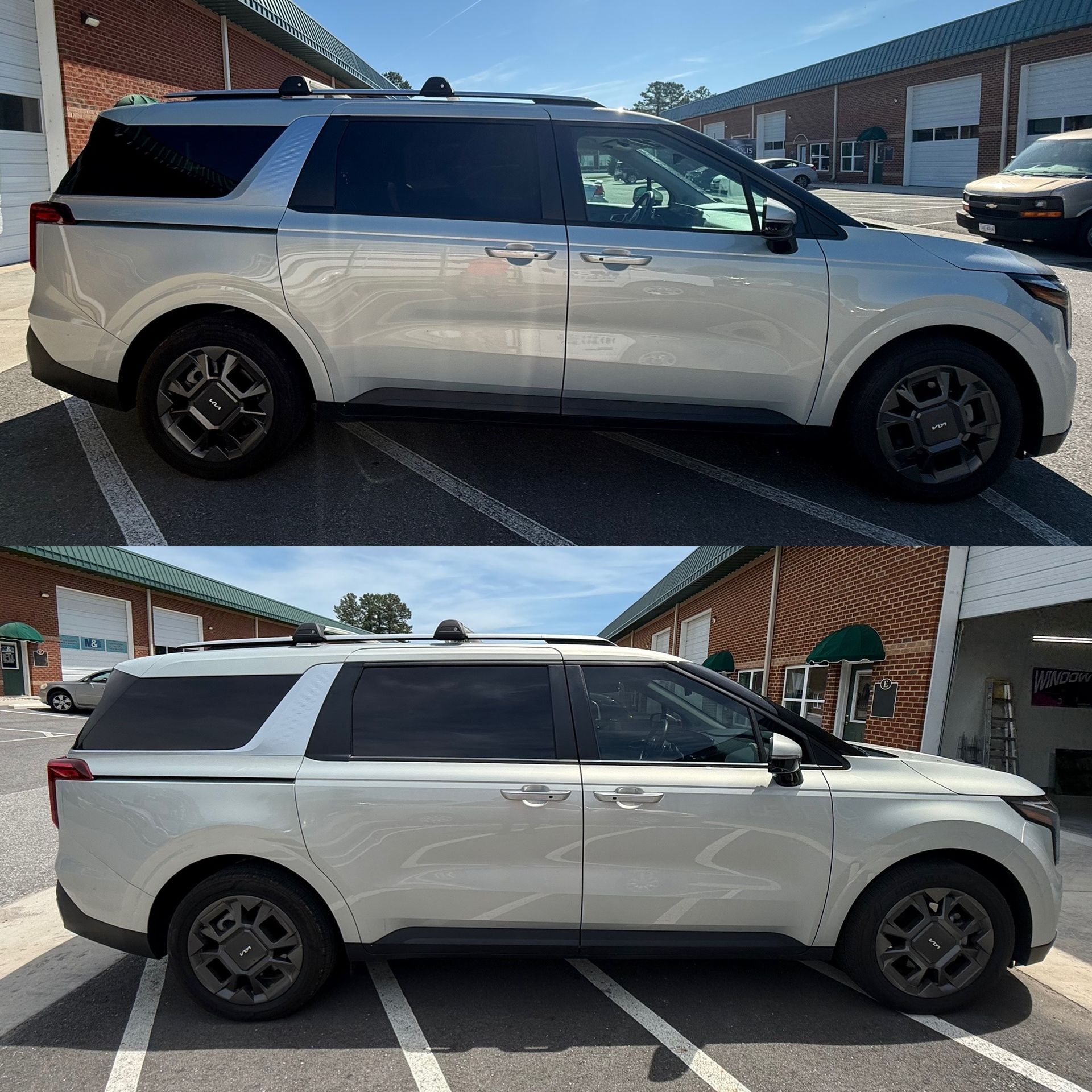 White SUV parked in a driveway, shown in side view from two slightly different angles.