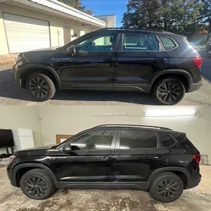 Black SUV shown in two side-profile views: outdoors by a garage and indoors under fluorescent lights.
