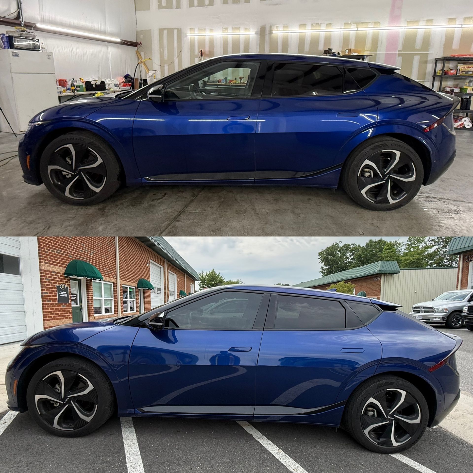 Blue sporty hatchback shown in side view, indoors in top photo and outdoors in bottom photo.