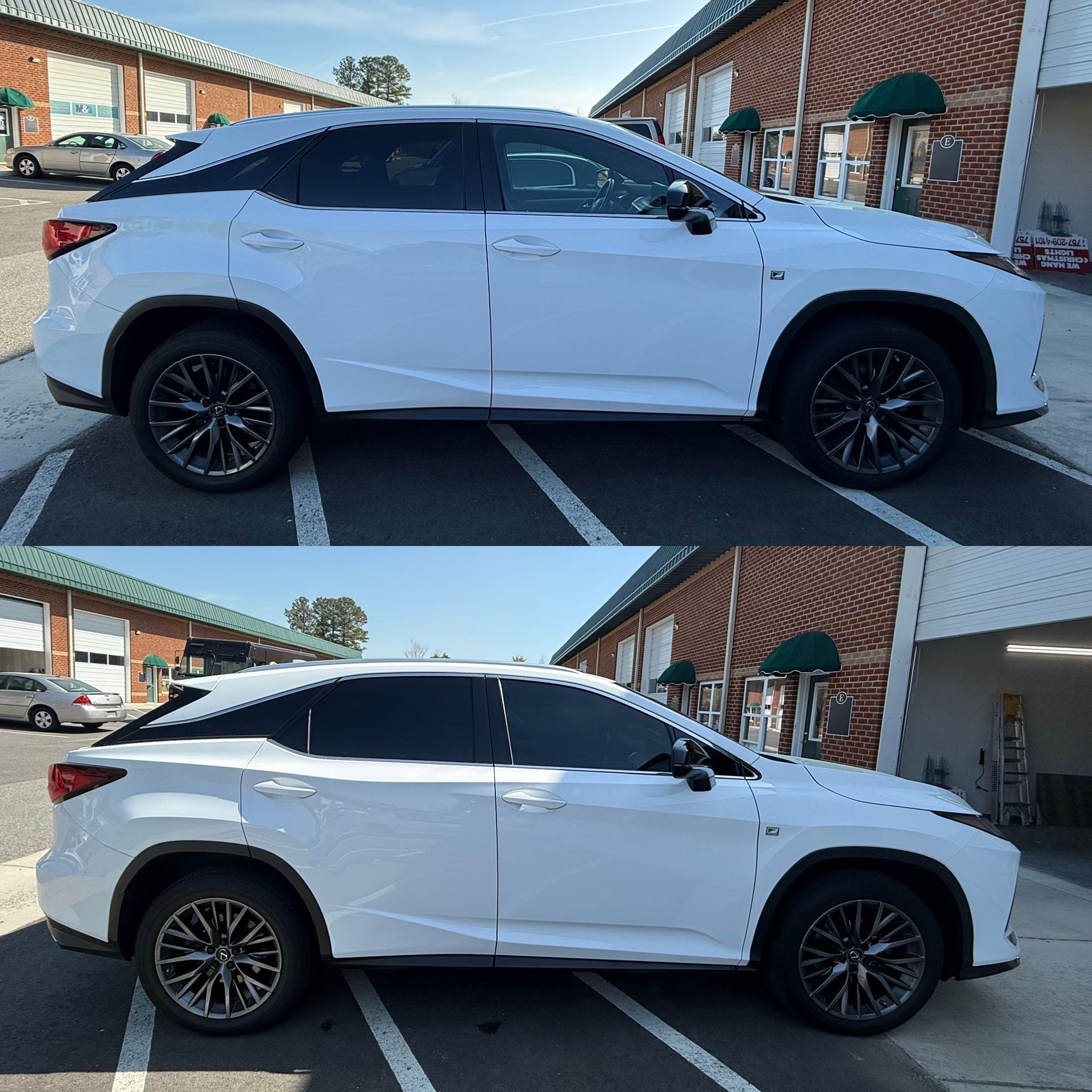 White SUV parked in a driveway, shown in side view with tinted windows and black wheels.