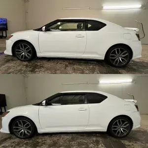 White hatchback car shown from the side in a garage, with two similar side-view photos stacked vertically.