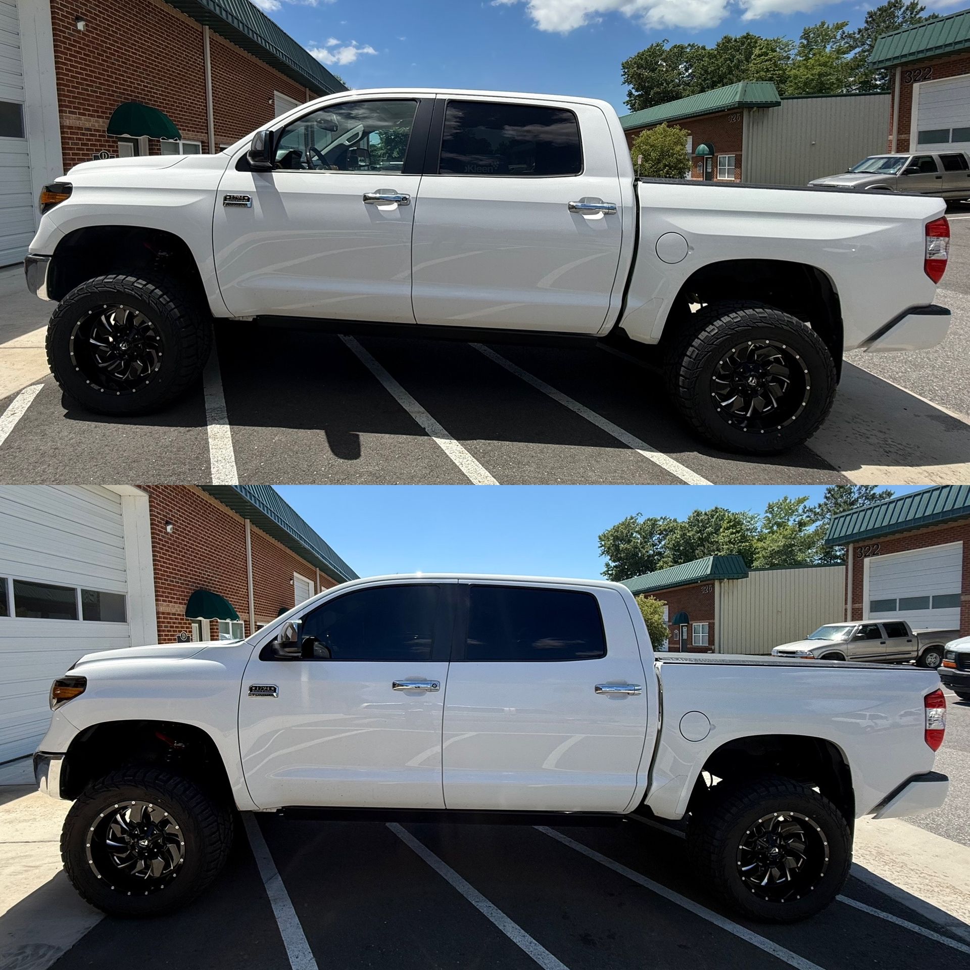 White lifted pickup truck shown in two side-profile views, parked in a driveway under bright sun.