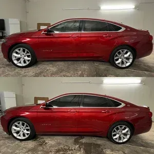 Two side-view photos of a red sedan parked indoors on a polished floor.