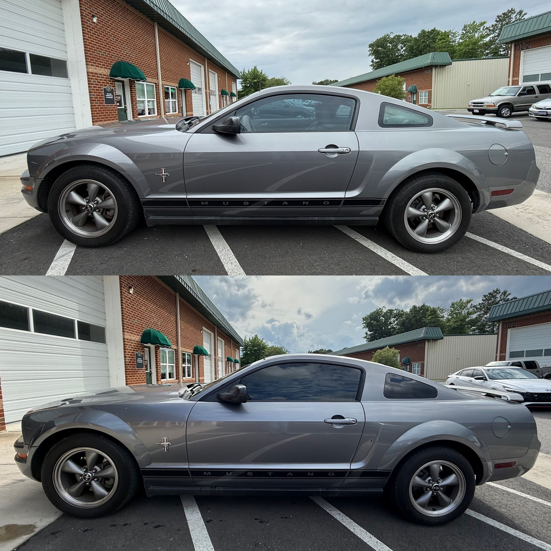 Gray Ford Mustang parked outdoors, shown in side view in two stacked images.