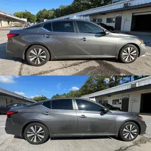 Gray sedan parked outdoors, shown in side view in two similar photos under a blue sky.