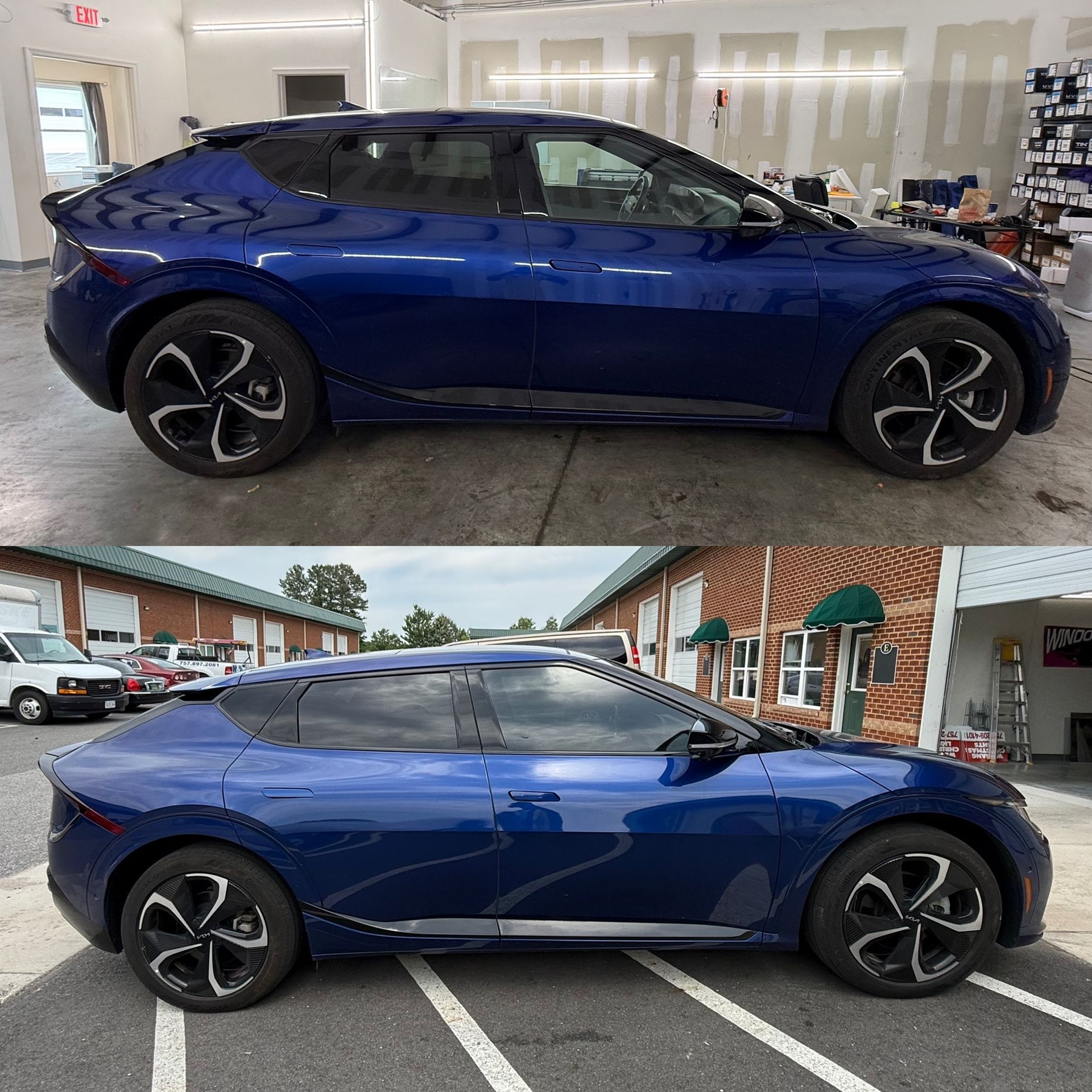 Blue sports coupe shown in side view, parked in a lot from two angles.