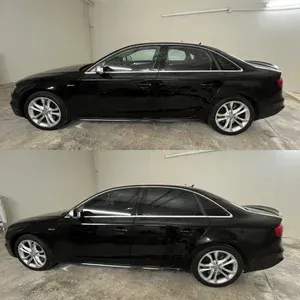 Black sedan shown in side profile from two angles in a showroom-like setting