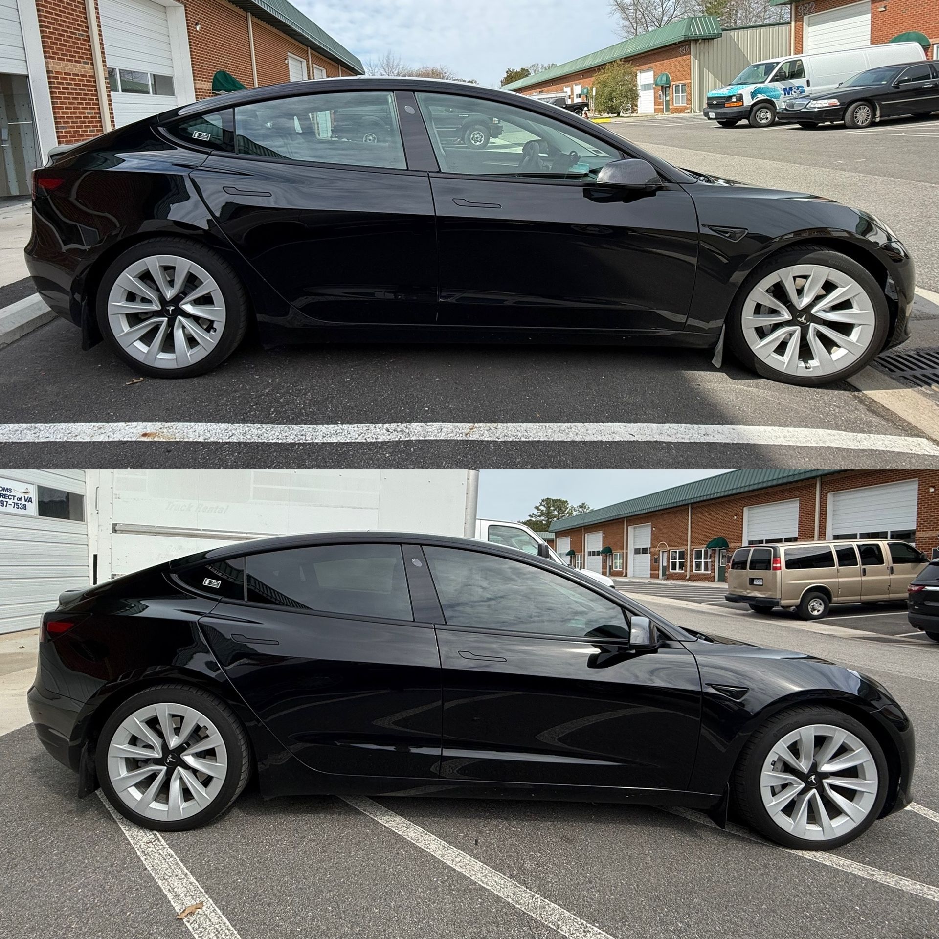 Black sedan parked in a lot, shown from the side in two similar views.