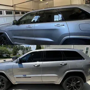 Silver SUV shown from the side in two views, parked in a driveway near a house.