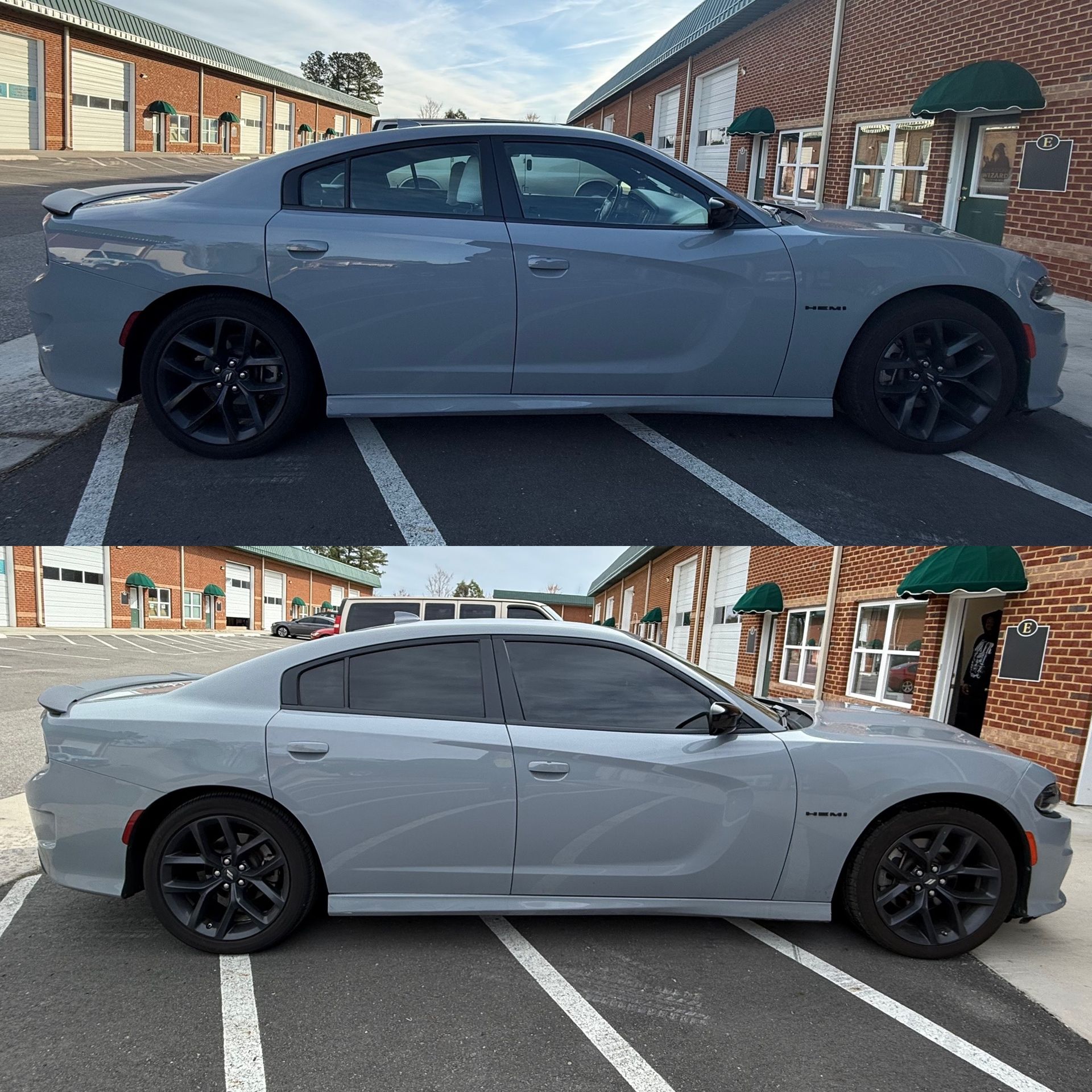 Side-view gray sports sedan with black wheels, shown in two parked positions in a brick courtyard.