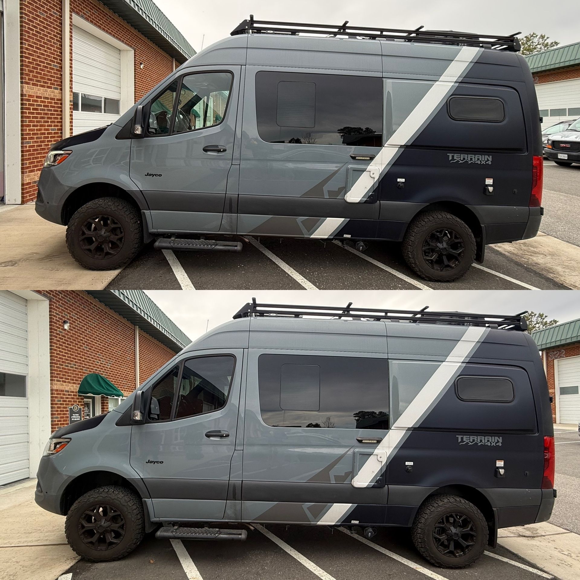 Dark gray cargo van parked by a brick house, shown in two side-by-side views.