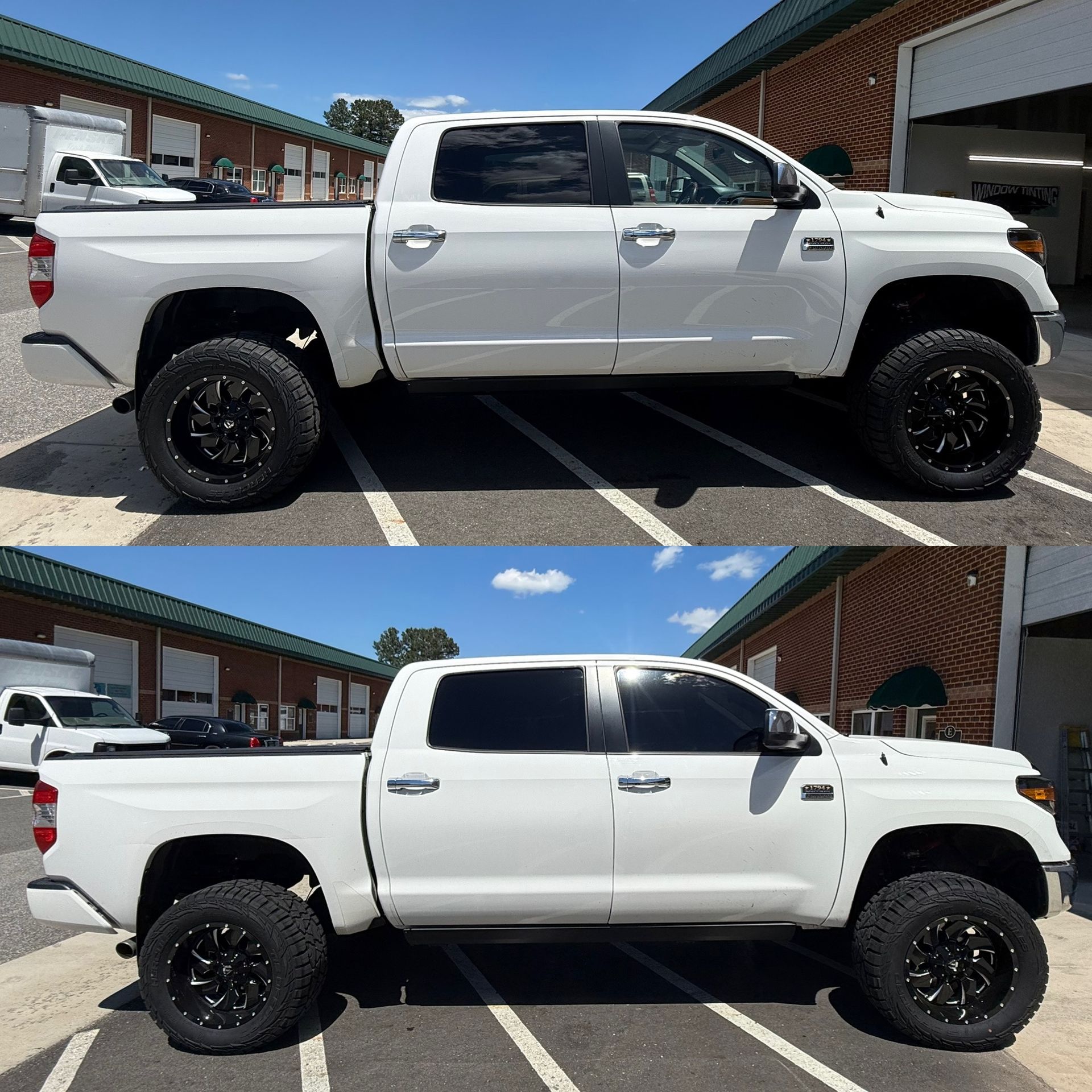 Side-by-side photos of a white lifted pickup truck with black wheels parked outdoors.