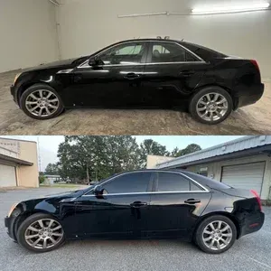 Side-by-side photos of a black sedan in a garage and outdoors, showing the car’s profile.