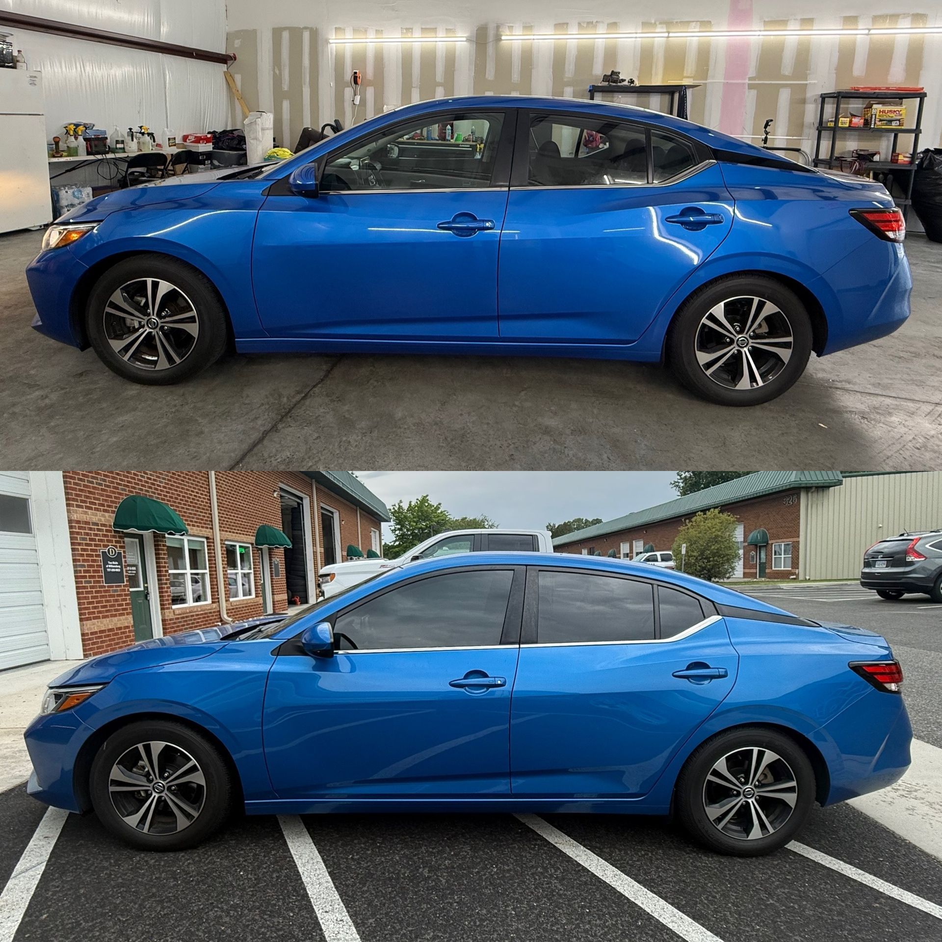 Blue sedan shown in side view indoors and outdoors, with parking lot and brick building background