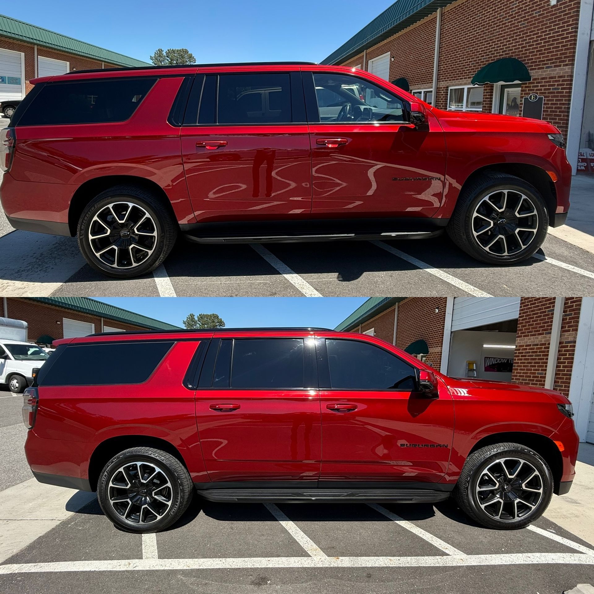 Two views of a red SUV parked in a lot, showing the side profile in bright sunlight.