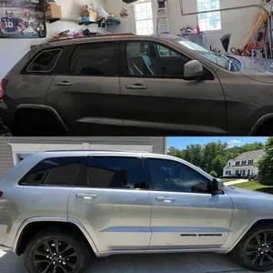 Two silver SUVs shown side by side, one in a garage and one parked outdoors.