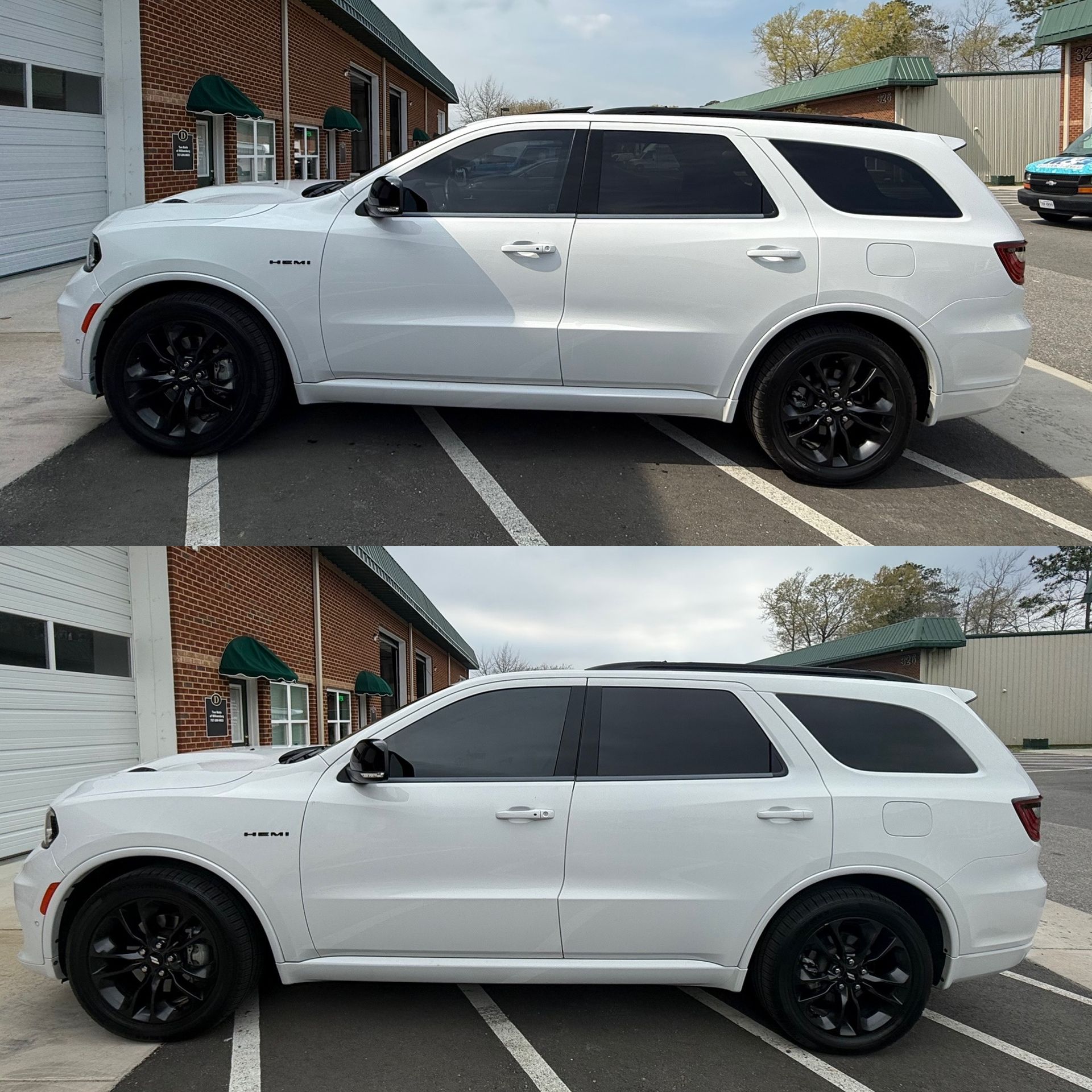 White SUV parked beside a brick building, shown in two nearly identical side-view photos.
