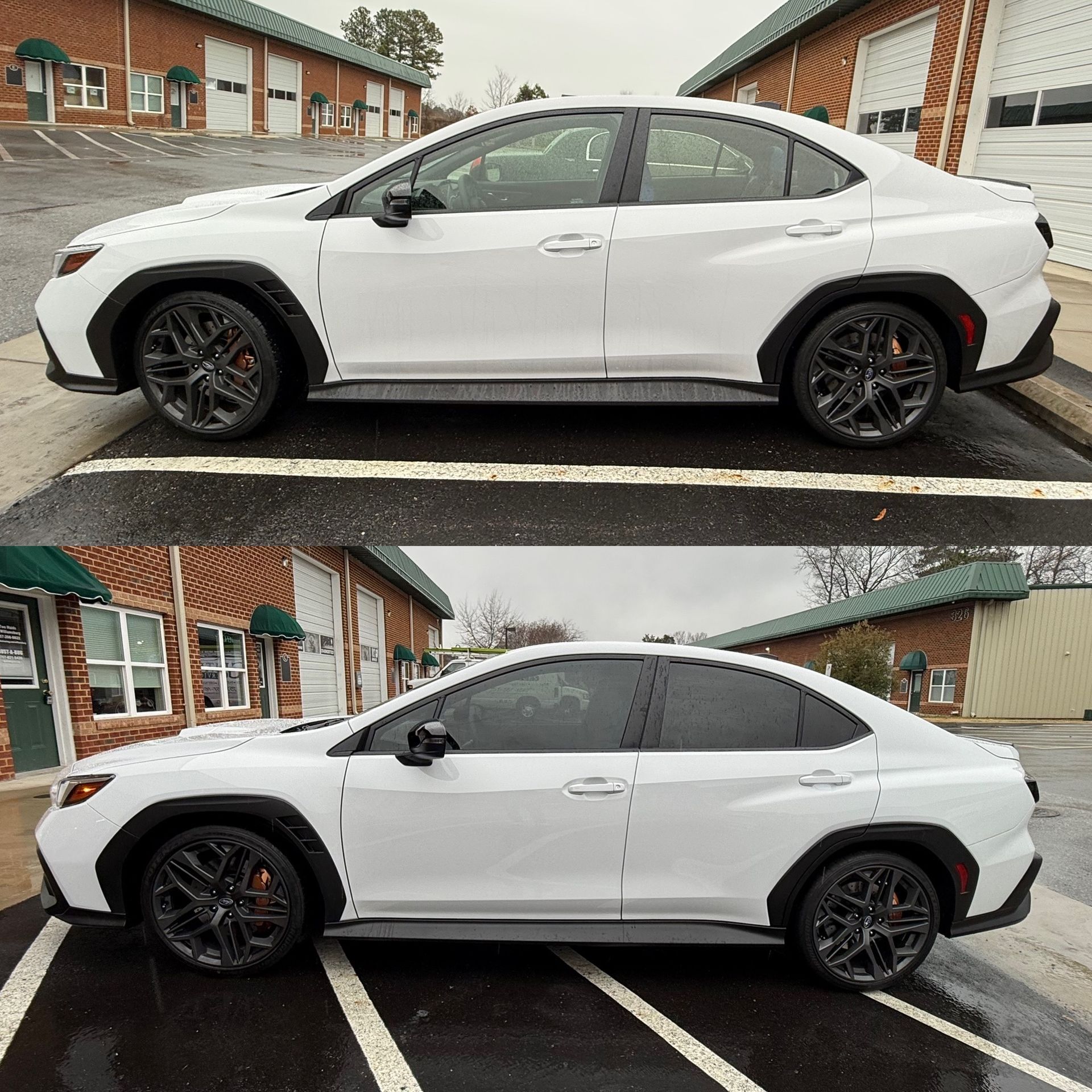 White sedan parked in a lot, shown in two side-view photos on wet pavement