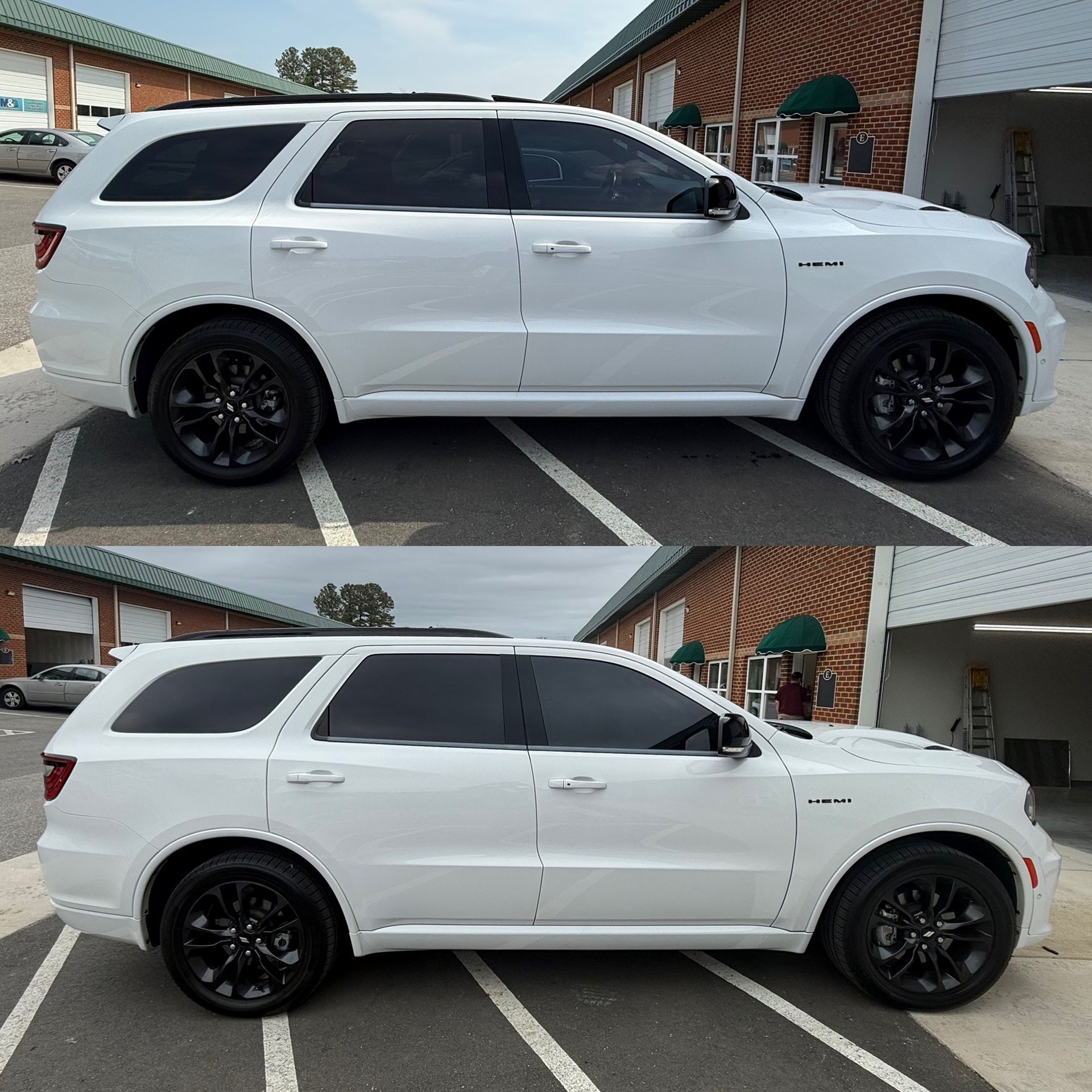 White SUV parked in a driveway, shown in two side-view photos with black wheels and tinted windows