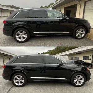 Two side-view photos of a black SUV parked beside a house, showing the vehicle from slightly different angles.