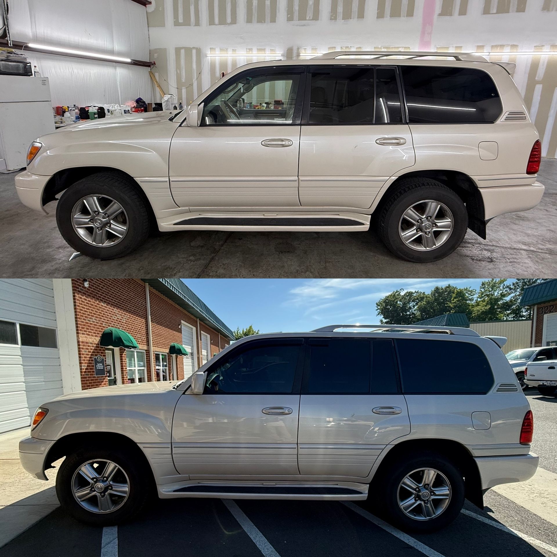 White SUV parked indoors and outdoors, shown in side view in a two-panel comparison.