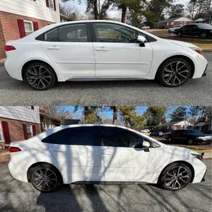 White sedan shown in two side-view photos, parked outdoors in daylight.