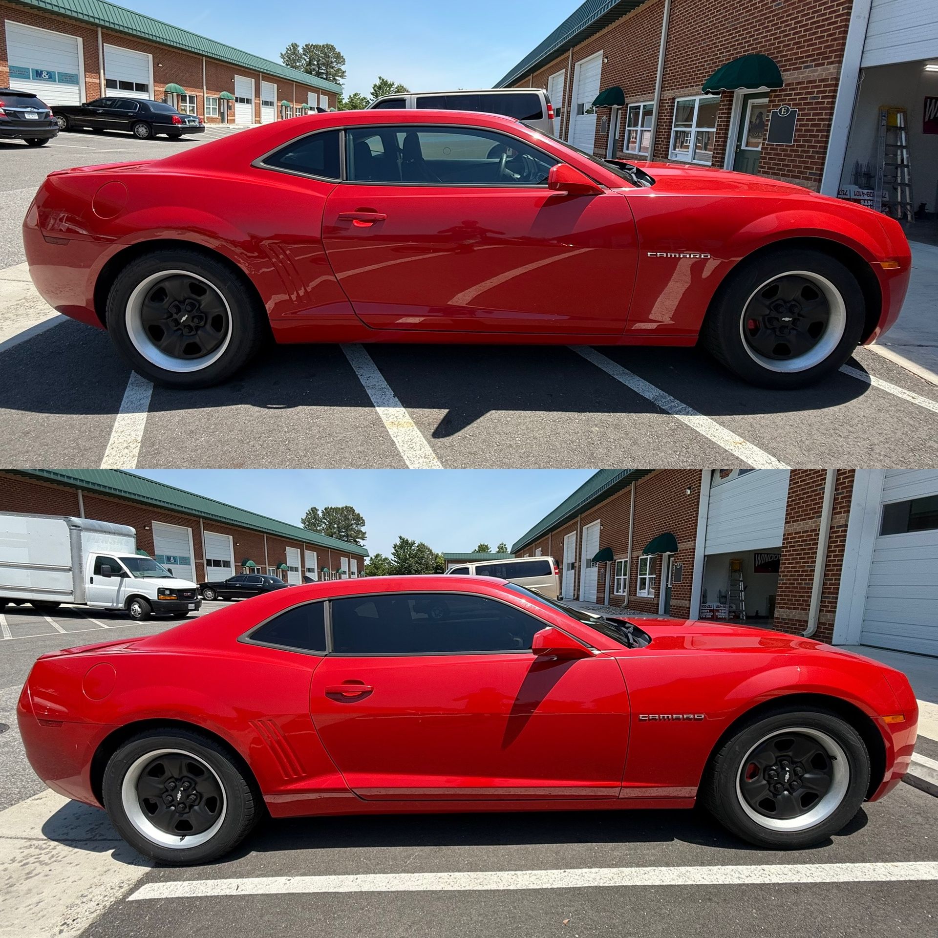 Red sports coupe shown from the side in a sunny parking lot, with a roofline and black wheels.