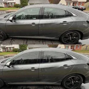 Gray sedan parked in a suburban driveway, shown twice in a side view collage.