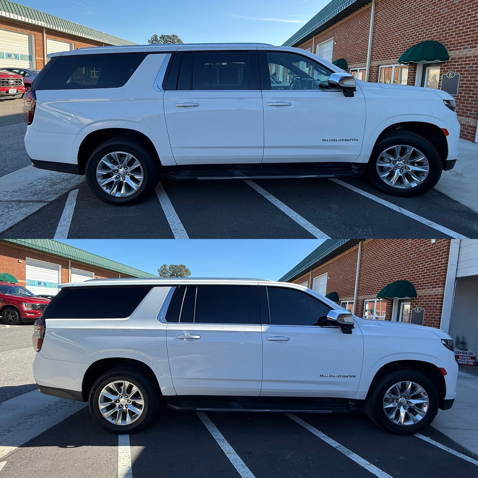 White SUV parked in a driveway, shown in side view in two stacked photos.