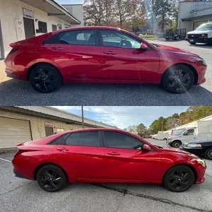 Red sedan shown from the side in a driveway, with a front and rear view stacked vertically.