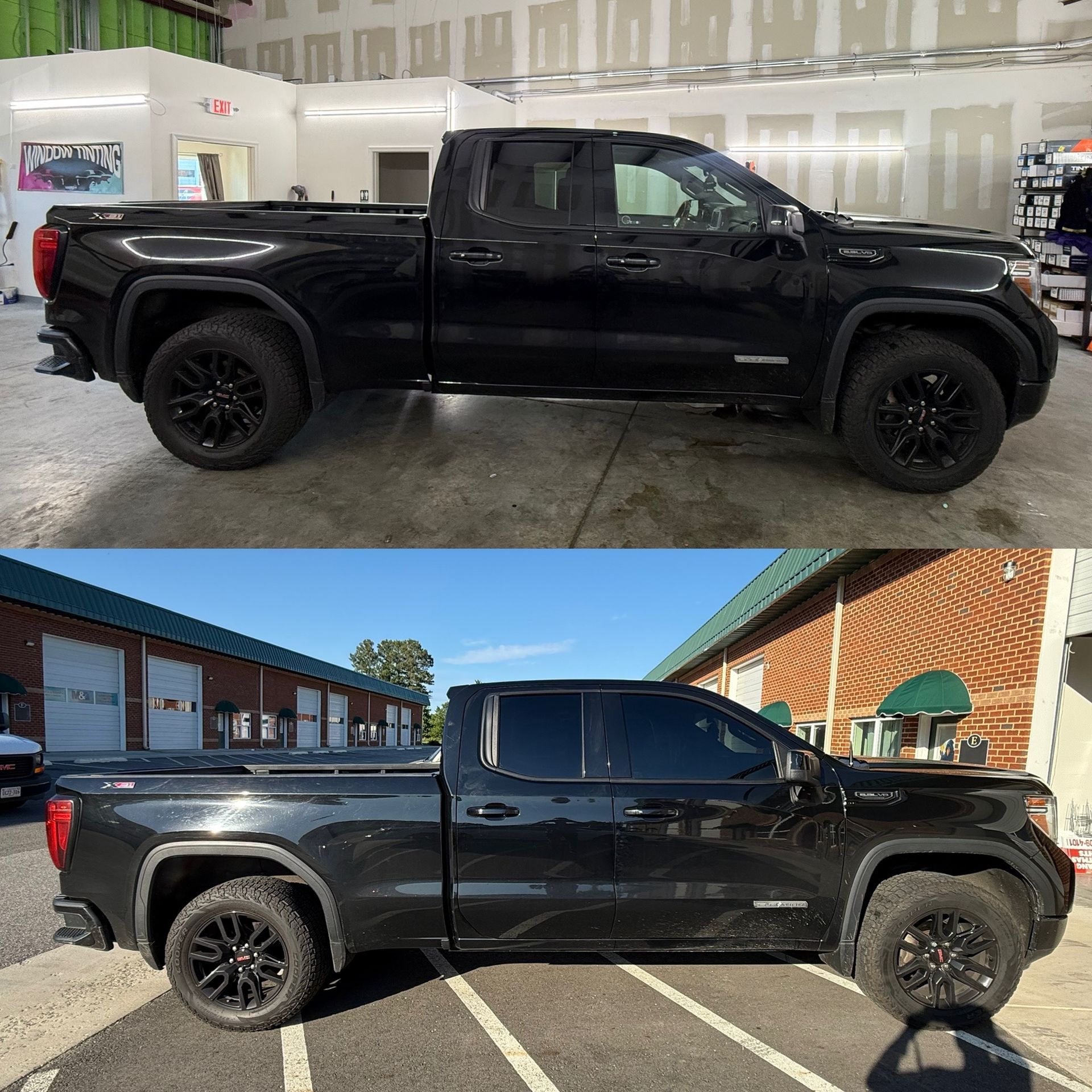 Black pickup truck shown in two side-profile photos, indoors and outdoors.