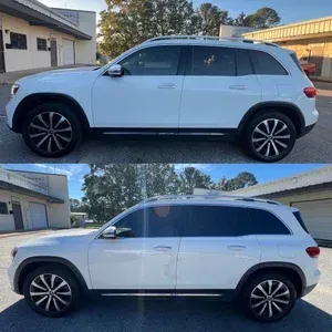 Side-by-side photos of a white SUV parked outdoors in daylight, showing two different roof configurations