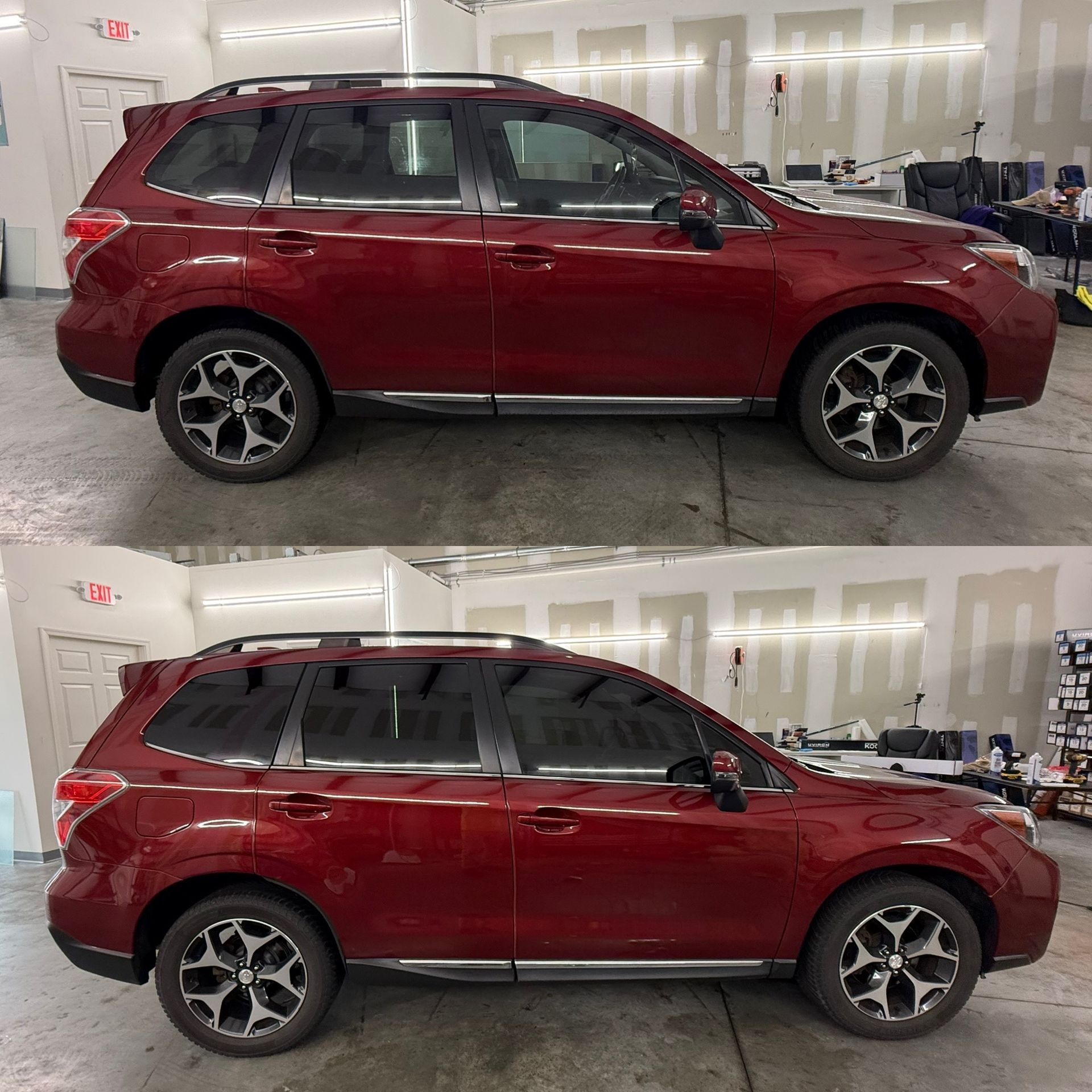 Red SUV shown in side view, with two similar photos stacked vertically in a showroom.