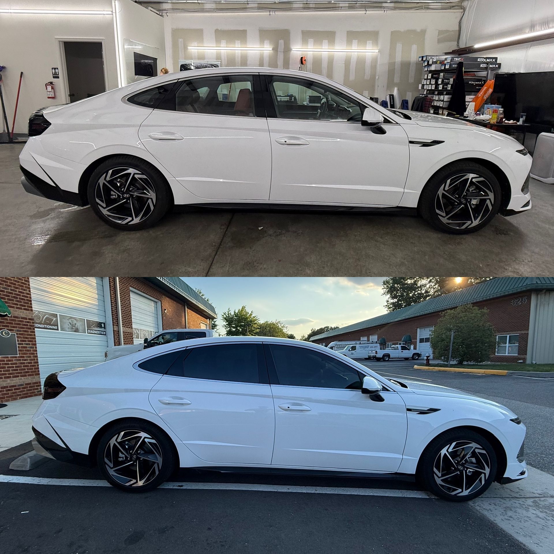 White sports sedan shown indoors and outdoors, side view, with tinted windows and black wheels