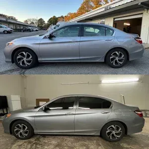 Silver sedan shown outdoors and in a garage, side view in two similar photos.