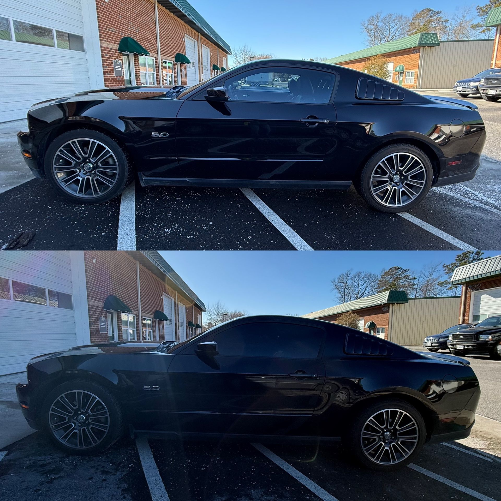 Black sports coupe parked in a striped lot beside a brick building, shown from the side in two angles.