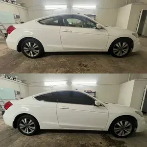 White two-door coupe in a garage, shown in side view before and after a lower suspension.