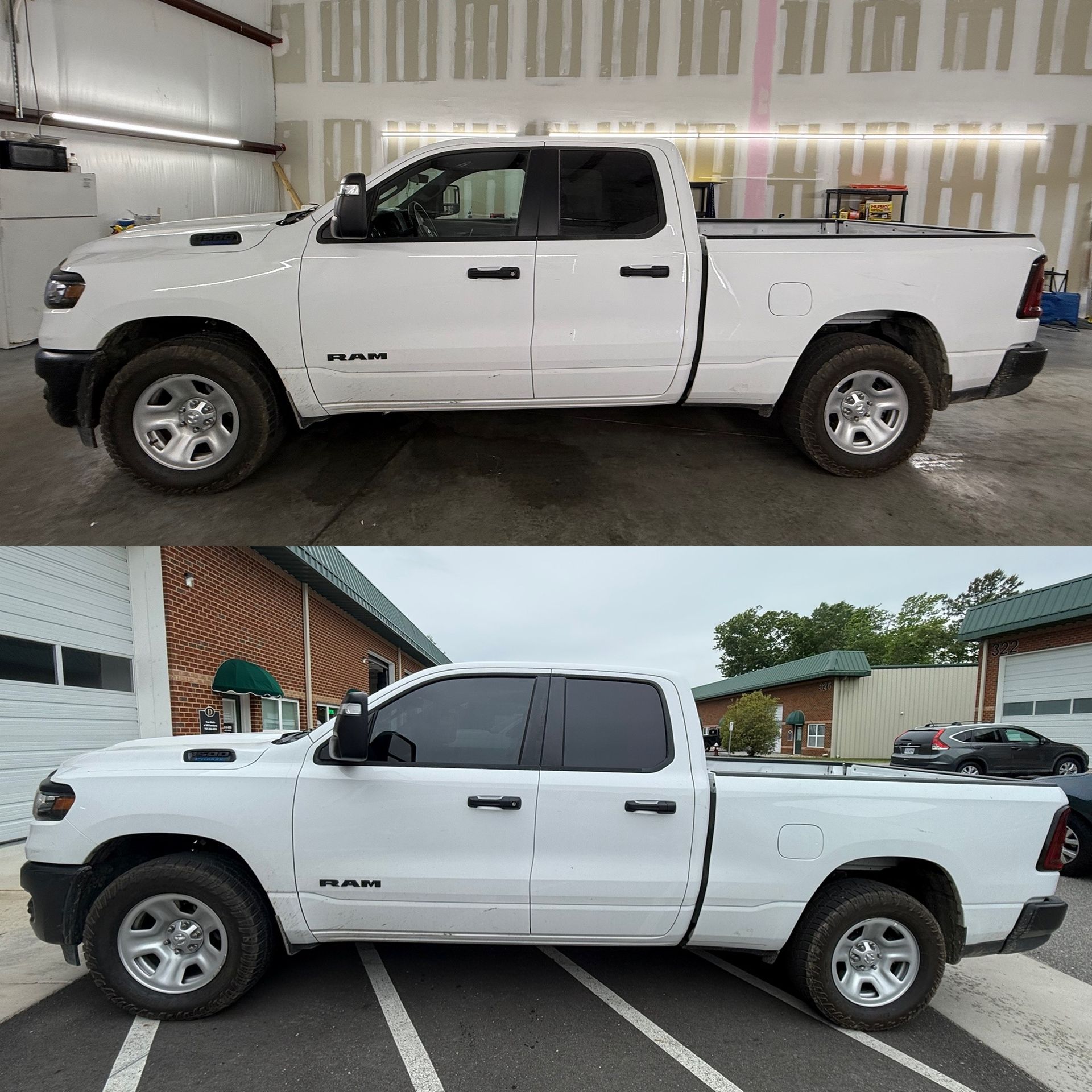White pickup truck shown indoors and parked outside in a side-by-side comparison photo