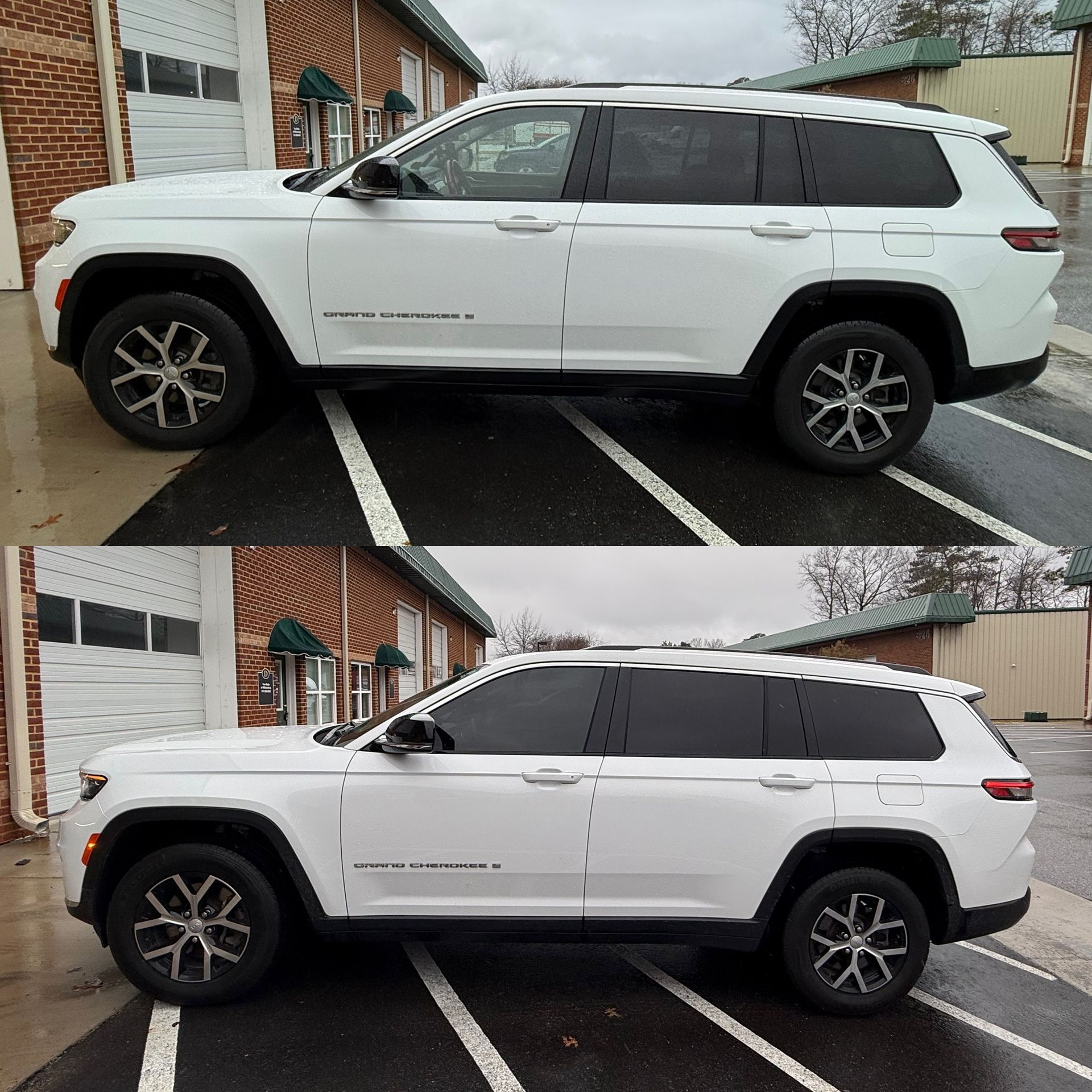 White SUV in a snowy parking lot, shown in a split before-and-after view with darker tinted windows.