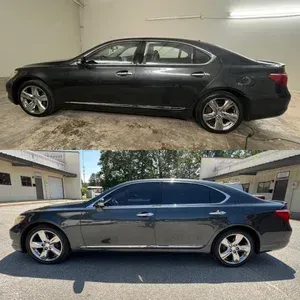 Black sedan shown in side profile, with two photos comparing it indoors and outdoors.