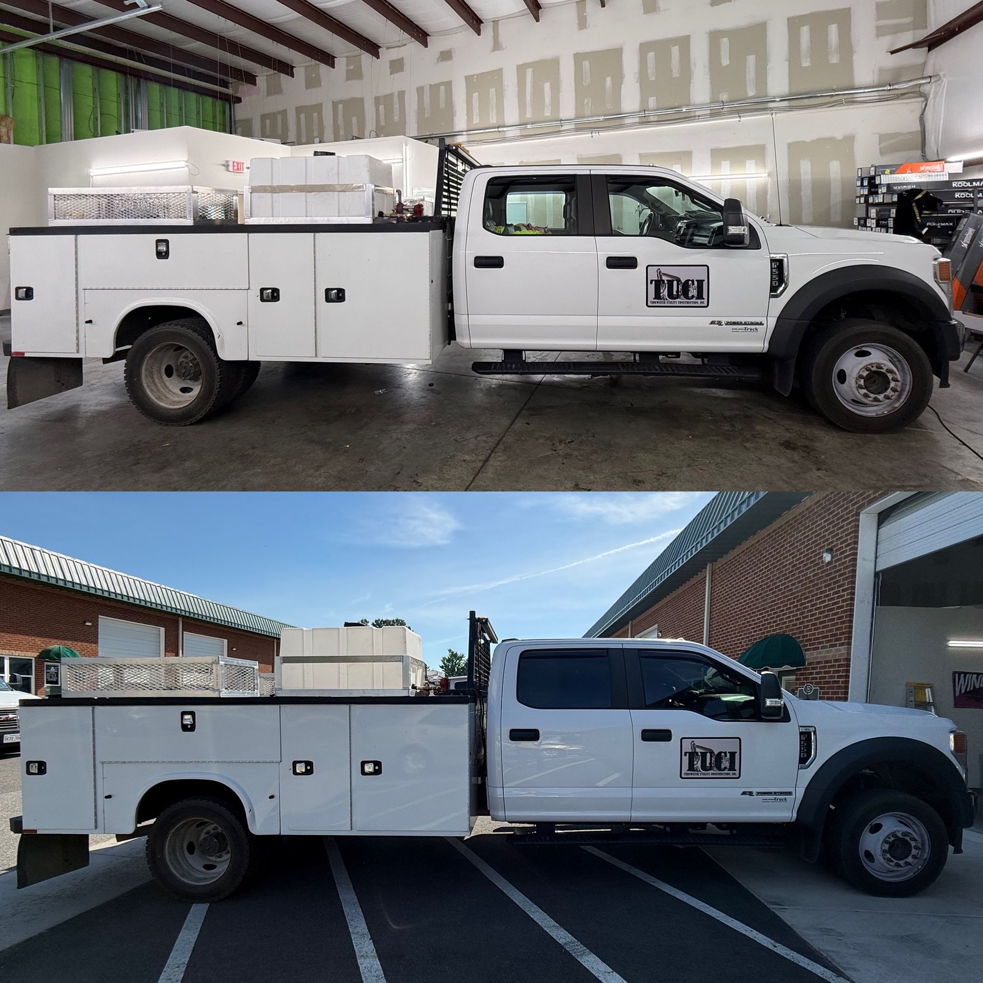 White utility truck with toolbox compartments shown in a warehouse and outdoors, side view.