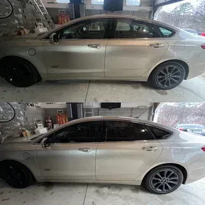 White sedan parked in a garage, shown in two side-view photos with different wheel styles.