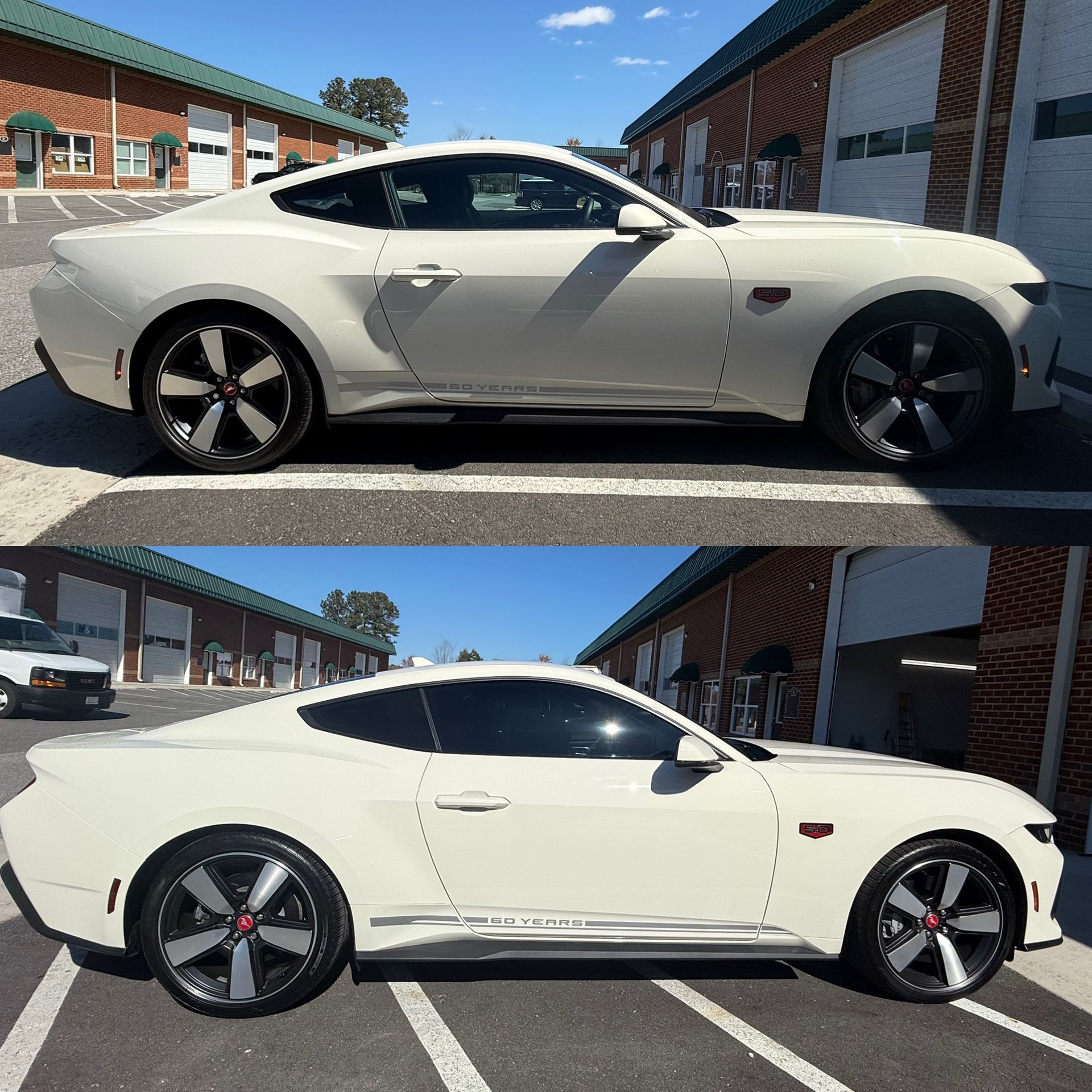 Side view of a white sports coupe parked outdoors, shown in two similar photos stacked vertically.