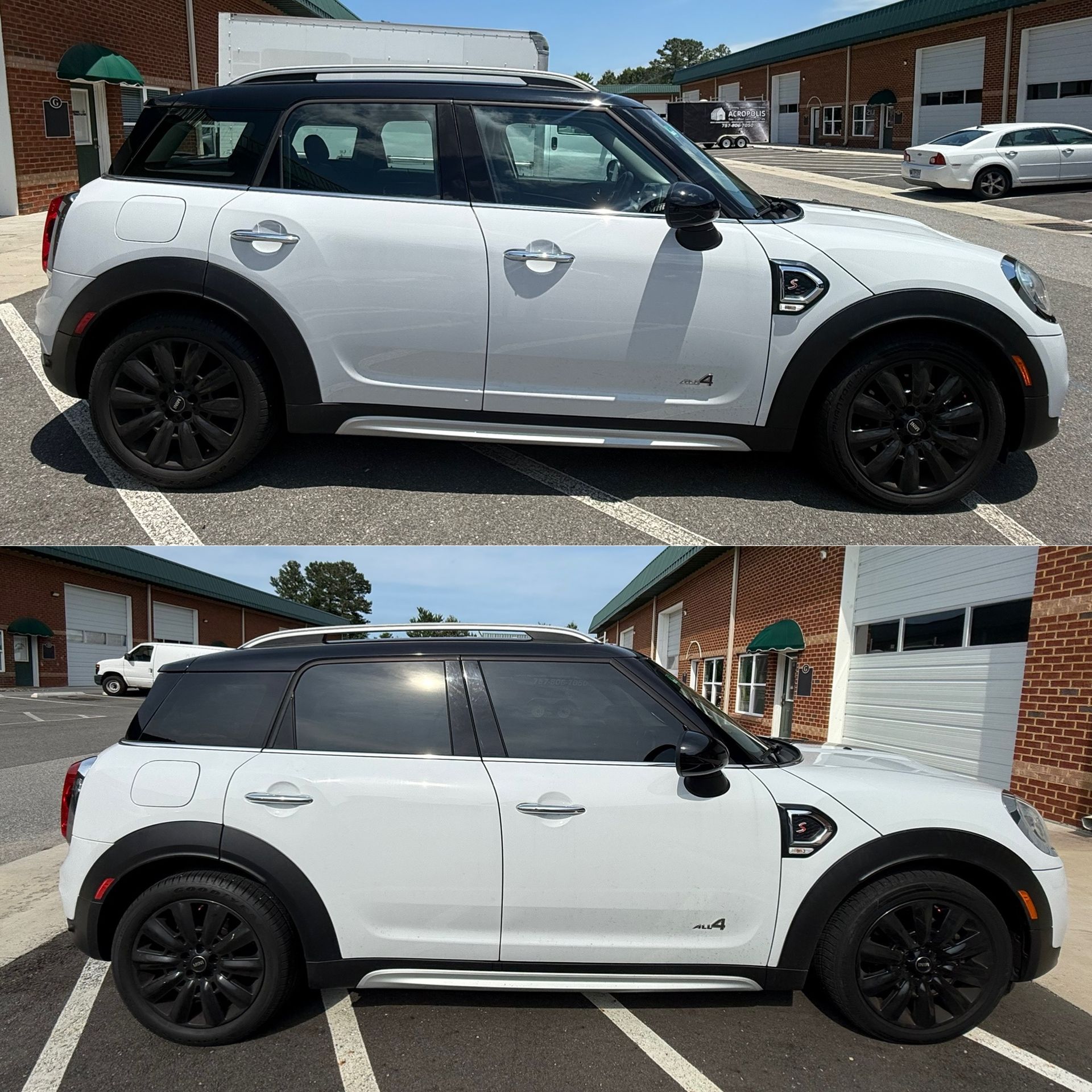 White Mini Cooper with black roof and wheels, shown in side view twice in a parking lot.