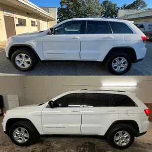 White SUV shown outdoors and in a garage, side view, before-and-after comparison.