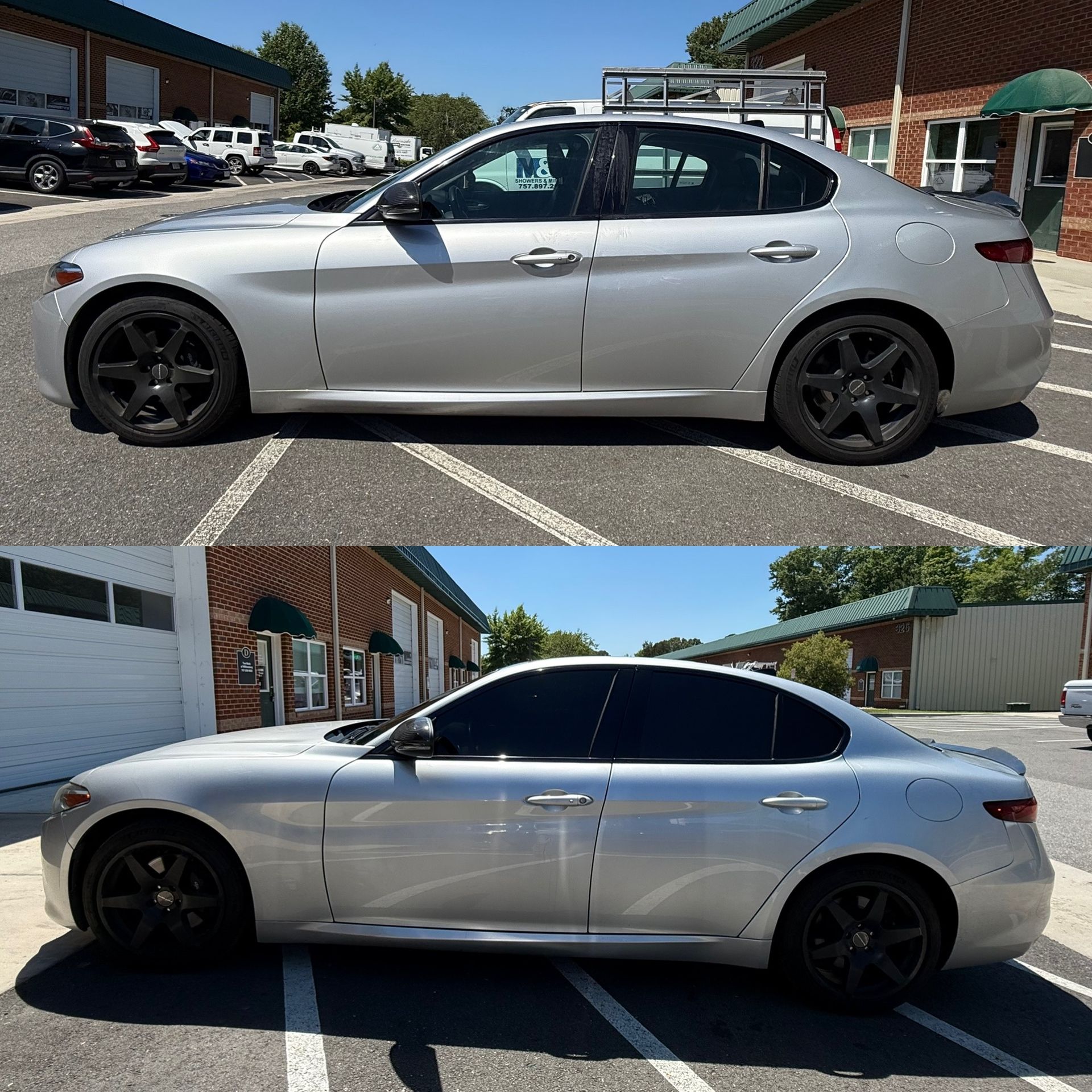 Silver sedan with tinted windows and black wheels, shown from the side in a parking lot.